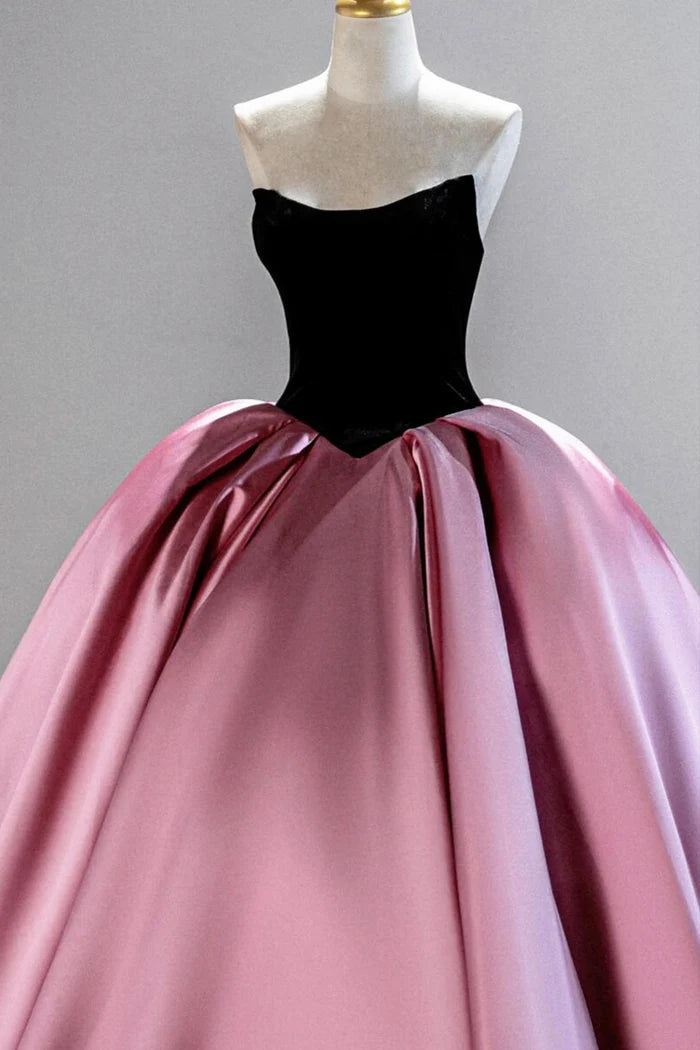 Black Velvet and Pink Satin Long Prom Gown, A-Line Strapless Evening Party Gown